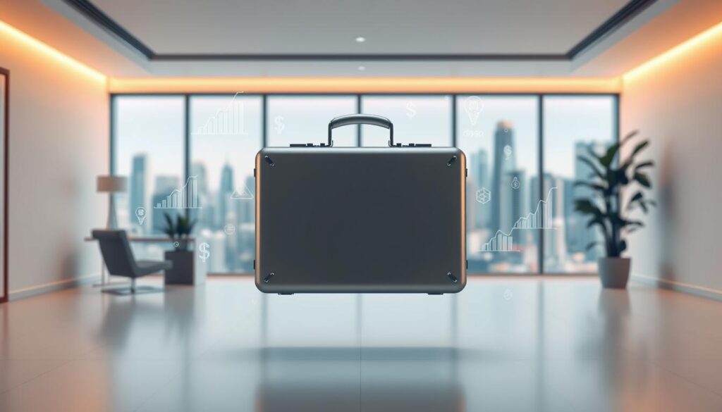 A modern, minimalist scene showcasing alternative financing solutions. In the foreground, a sleek, silver briefcase levitates, surrounded by holographic financial graphs and icons. The middle ground features a clean, contemporary office interior with warm, indirect lighting and neutral tones. In the background, a large window provides a view of a vibrant, futuristic cityscape, hinting at the innovative and dynamic nature of the financial solutions on display. The overall atmosphere is one of sophistication, technology, and progressive thinking, perfectly capturing the essence of "Alternative Financing Solutions".