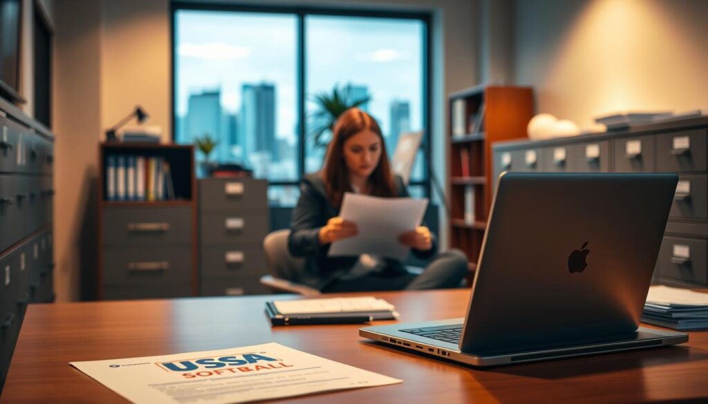 A modern office environment with a warm, professional atmosphere. In the foreground, a desk with a laptop, documents, and a USA Softball logo. In the middle ground, a person reviewing paperwork, focused on the insurance renewal process. The background features filing cabinets, a bookshelf, and a window overlooking a cityscape. Soft, indirect lighting casts a subtle glow, creating a sense of productivity and attention to detail. The overall composition conveys the importance of the USA Softball insurance renewal, with a balance of digital and physical elements.