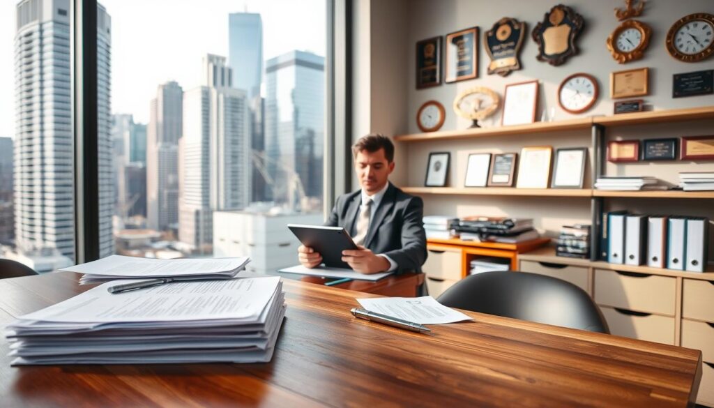 A modern office interior with a large window overlooking a bustling city skyline. A wooden desk in the foreground holds a stack of insurance claim files, a tablet, and a pen. In the middle ground, a professional-looking person in a suit sits at the desk, reviewing documents and making notes. The background features shelves of reference materials and awards on the walls, conveying the expertise and experience of a commercial public insurance adjuster. Soft, natural lighting filters in from the window, creating a calm and focused atmosphere.