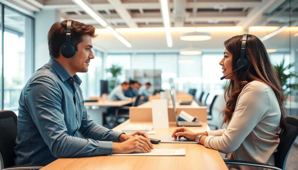 A modern office interior with warm lighting and a professional atmosphere. In the foreground, a customer service representative from Peterson Insurance is seated at a desk, engaged in an earnest conversation with a customer. The representative's body language conveys empathy and a genuine desire to address the customer's concerns. In the middle ground, other employees can be seen working diligently, reflecting the company's commitment to transparency and efficient problem-solving. The background features minimalist decor and large windows, conveying a sense of openness and transparency. The overall scene suggests a company that prioritizes customer satisfaction and is dedicated to resolving issues in a forthright manner.