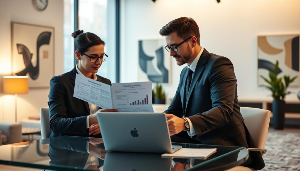 A modern, stylish office setting with two people in business attire sitting at a desk, comparing various insurance policy documents and charts on a laptop screen. The lighting is warm and inviting, with large windows providing natural illumination. The background features a minimalist decor with sleek furniture and abstract artwork on the walls, creating a professional yet visually interesting atmosphere. The overall mood is one of focused collaboration and informed decision-making as the individuals analyze and weigh the different tail insurance options available to them.