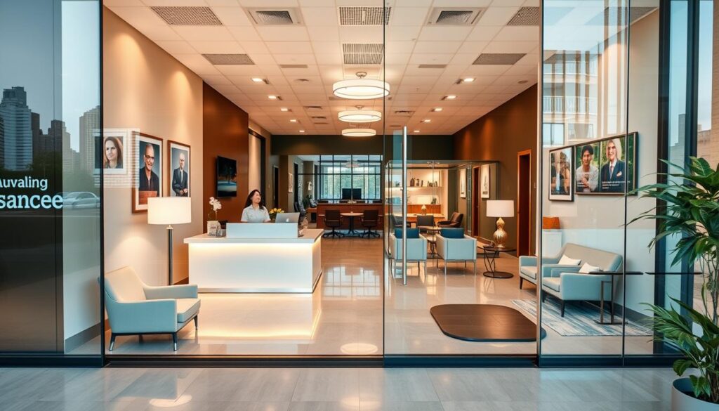 A modern, welcoming insurance agency, with a clean, professional interior. The exterior has a sleek, glass facade reflecting the city skyline. Inside, a spacious lobby features contemporary furnishings, warm lighting, and a reception desk with a friendly agent greeting visitors. In the background, private offices and meeting rooms can be seen, suggesting a range of services and personalized attention. The atmosphere conveys a sense of trust, reliability, and a commitment to protecting clients' well-being.
