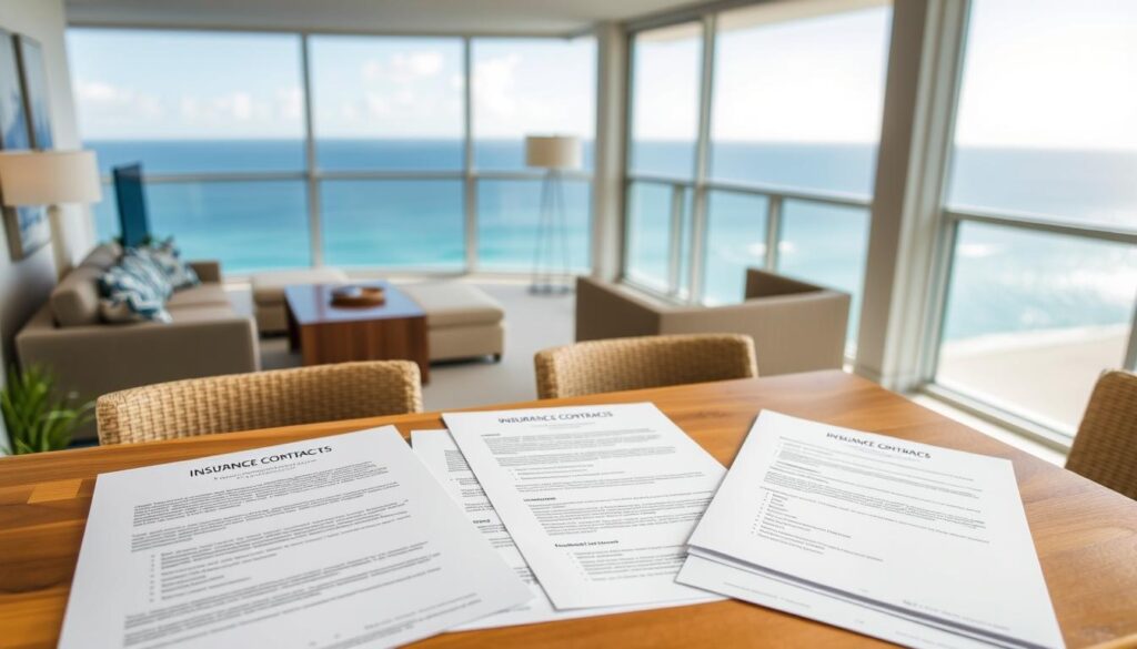 A modern, well-lit condo interior with a panoramic ocean view in the background. In the foreground, a wooden table displays various insurance documents, contracts, and brochures, neatly arranged to showcase the key coverage options available for a rental condo. The documents feature clear, easy-to-read text and icons, highlighting the essential protections such as liability, property damage, and loss of rental income. The overall atmosphere conveys a sense of security, organization, and attention to detail, reflecting the importance of securing the right insurance for a beachfront rental property.