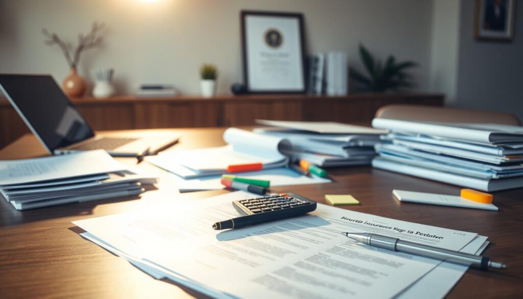 A neatly organized workspace with various documents, folders, and a laptop computer. The table is illuminated by a warm, natural-looking light, casting soft shadows. In the foreground, there is a stack of paperwork, a pen, and a calculator, suggesting an insurance adjuster's preparation for an upcoming visit. The middle ground features carefully arranged files, highlighters, and sticky notes, conveying a sense of organization and attention to detail. The background showcases a tasteful, minimalist office environment, with subtle hints of the commercial nature of the setting, such as a framed company logo or certificate. The overall atmosphere is professional, focused, and conducive to the task at hand.