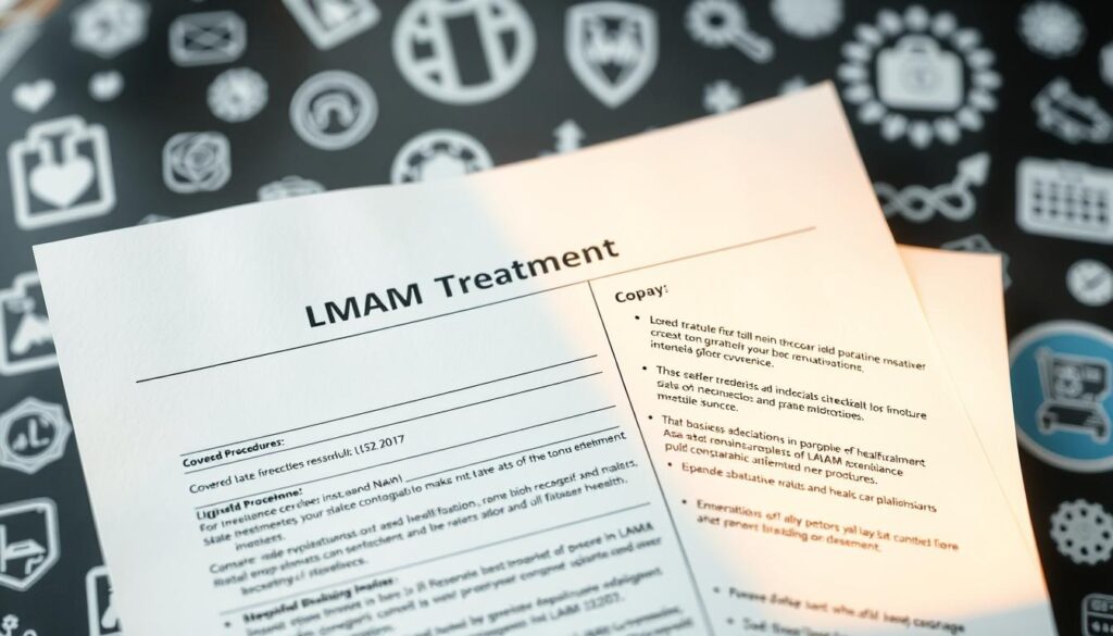 A pristine medical document showcasing the intricate details of LANAM treatment insurance coverage, set against a softly blurred background of medical icons and symbols. The document is presented in a clean, professional layout, with a focus on key information like covered procedures, deductibles, and copay requirements. Warm, natural lighting illuminates the page, creating a sense of clarity and reassurance. The image conveys a sense of authority and trustworthiness, reflecting the importance of understanding one's health insurance benefits when seeking specialized LANAM treatment.