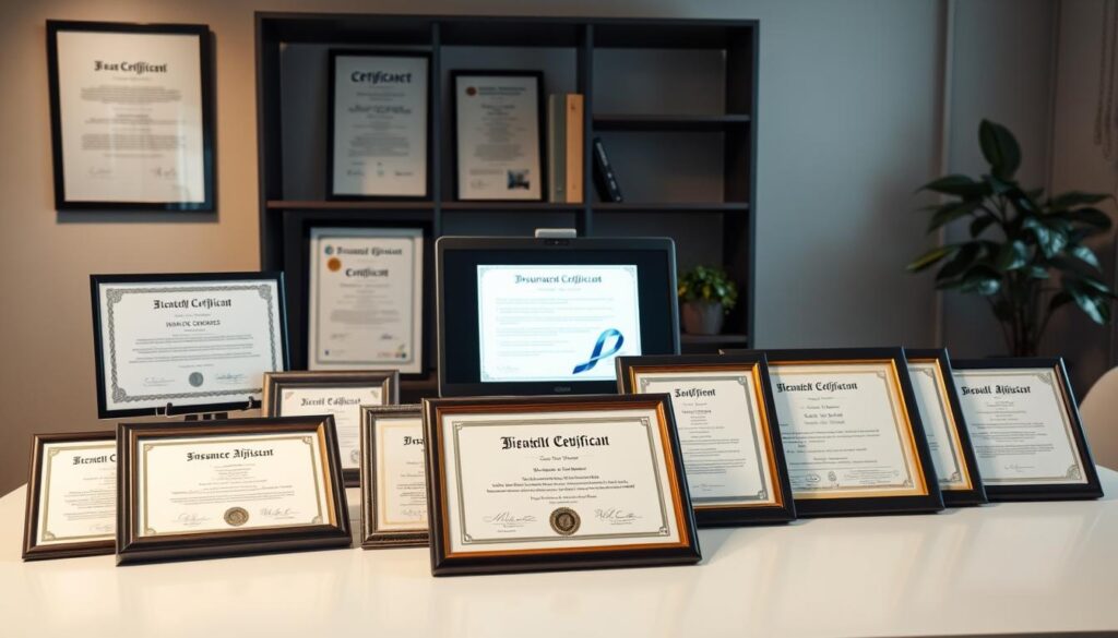 A professional certification display for insurance adjusters, showcased on a clean, modern desk. In the foreground, an assortment of framed certificates and diplomas, displaying the adjusters' expertise and specialized training. The middle ground features a computer monitor displaying insurance-related documentation, emphasizing the digital nature of the profession. In the background, a bookshelf with insurance-themed books and a potted plant, creating a subtle, professional atmosphere. Soft, directional lighting illuminates the scene, highlighting the certifications and creating a sense of prestige and authority. The overall composition conveys the importance of professional development and the commitment to excellence in the insurance adjuster field.