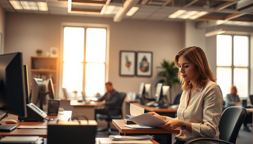 A professional insurance claims office, bathed in warm, natural light filtering through large windows. In the foreground, a customer service representative diligently reviews claim documents, their expression conveying empathy and dedication. The middle ground features neatly organized desks, computers, and telephones, symbolizing the efficient and organized claims process. In the background, a subtle depth of field reveals a well-appointed waiting area, where other clients sit patiently, confident in Abbey Insurance's reliable service. The overall atmosphere exudes professionalism, competence, and a commitment to resolving claims swiftly and with care.
