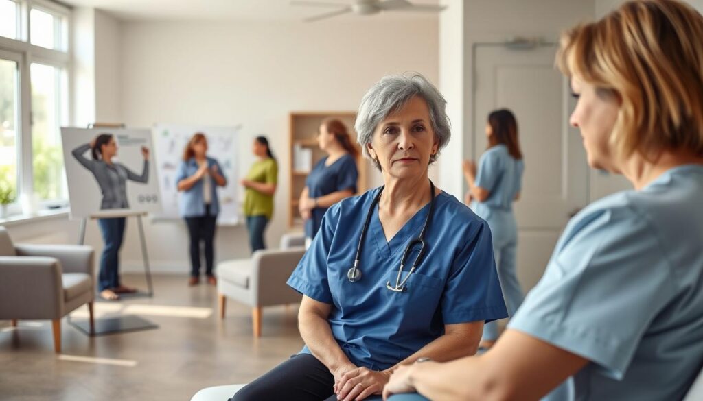 A professional medical clinic with a diverse team of pelvic health providers in a welcoming, modern setting. In the foreground, a middle-aged woman in scrubs consults with a patient on an examination table, their expressions thoughtful and attentive. In the middle ground, a physical therapist leads a group session, demonstrating exercises on a pelvic health diagram. In the background, a reception area with comfortable seating and calming decor, reflecting the warm, empathetic atmosphere of the practice. Soft, natural lighting filters through large windows, creating a serene, therapeutic ambiance. The overall scene conveys the specialized care and support available to patients seeking pelvic health solutions within their insurance network.