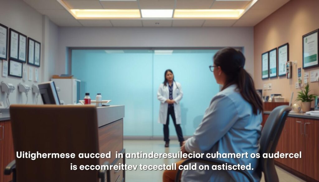 A professional medical office interior, with a receptionist desk and chairs in the foreground. In the middle ground, a patient is speaking with a doctor, discussing insurance coverage for the LANAM treatment. The background features medical equipment, certificates, and a warm, inviting color palette. Soft, diffused lighting illuminates the scene, creating a sense of trust and professionalism. The overall atmosphere conveys the importance of understanding insurance coverage for this specialized treatment.