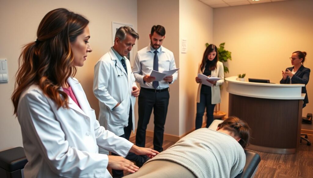 A professional office setting with several pelvic health providers in an insurance network. In the foreground, a female pelvic floor therapist wearing a white lab coat consults with a patient on an exam table. In the middle ground, a male physical therapist reviews medical charts with an insurance representative. In the background, a receptionist at the front desk verifies patient insurance coverage. The lighting is warm and inviting, with soft shadows accentuating the importance of the providers' work. The camera angle is slightly elevated, conveying the expertise and care these professionals bring to their patients' pelvic health.