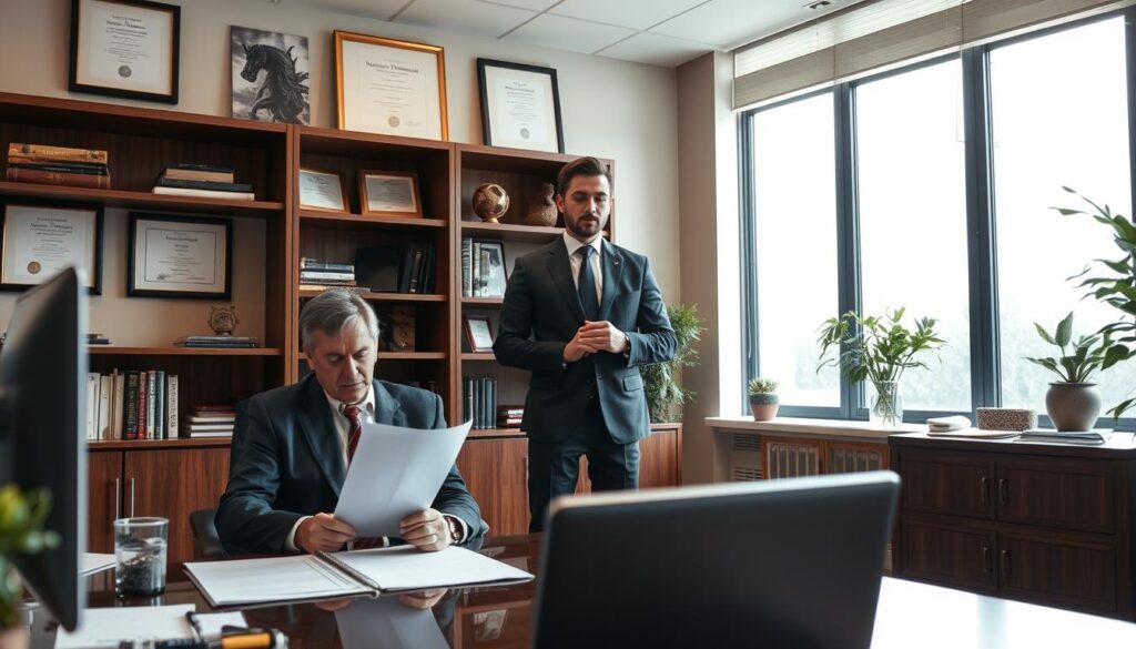 A professional office with a warm, inviting atmosphere. In the foreground, a business person sits at a desk, reviewing documents and making notes. Beside them, an insurance adjuster in a sharp suit stands, engaged in a discussion. The middle ground features bookshelves, framed certifications, and tasteful decor, conveying an air of expertise and reliability. The background depicts a large window, allowing natural light to flood the space and creating a sense of openness and transparency. The lighting is soft and well-balanced, creating a professional yet approachable environment. Captured with a wide-angle lens to showcase the full scene, this image embodies the trust and care necessary when choosing the right insurance adjuster.