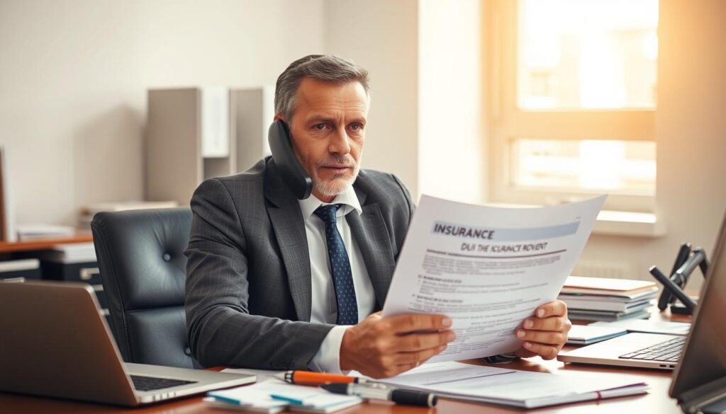 A professional person sitting at a desk, making a phone call while holding insurance documents. The office setting is well-lit with a warm, natural lighting coming from a window. The desk is cluttered with files, pens, and a laptop, conveying a sense of busy work. The person's expression is serious, suggesting the gravity of the situation. The background is blurred, keeping the focus on the central figure and the task at hand. The overall atmosphere is one of conscientious responsibility, as the person dutifully informs their insurance provider about a DUI incident.