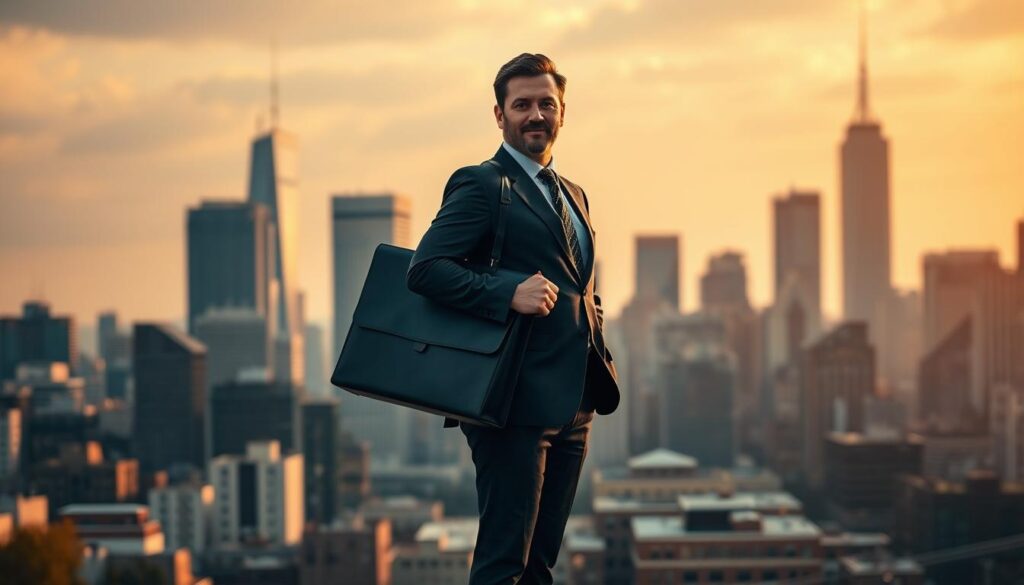 A professional public adjuster stands confidently in the foreground, briefcase in hand, symbolizing their expertise and authority. Behind them, a bustling city skyline represents the commercial landscape they navigate, assisting businesses with complex insurance claims. Warm, directional lighting casts dramatic shadows, creating a sense of importance and gravity. The composition is balanced, with the adjuster positioned off-center, drawing the viewer's eye to the details of their role. The mood is one of professionalism, problem-solving, and the vital service the public adjuster provides to commercial clients in need.