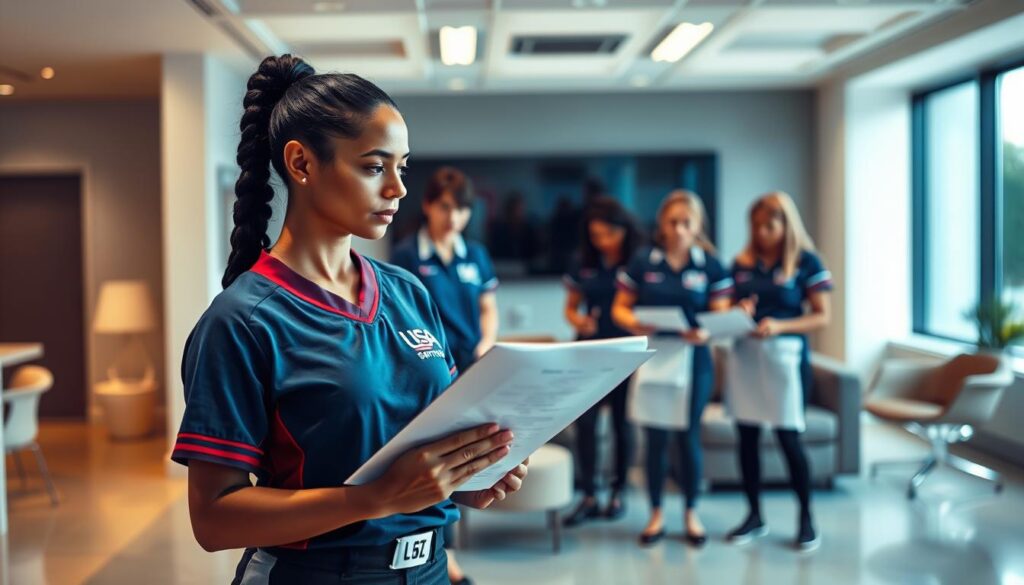 A professional softball player stands in the foreground, holding a clipboard and reviewing a stack of insurance claim forms. In the middle ground, a team of support staff in USA Softball uniforms assist players with the claims process, guiding them through paperwork and digital portals. The background depicts a well-lit office setting, with clean lines and modern furnishings that convey a sense of efficiency and reliability. Soft, diffused lighting creates a warm, approachable atmosphere, emphasizing the care and attention given to each claim. The overall composition communicates the seamless, hassle-free claims experience provided by USA Softball's insurance program.