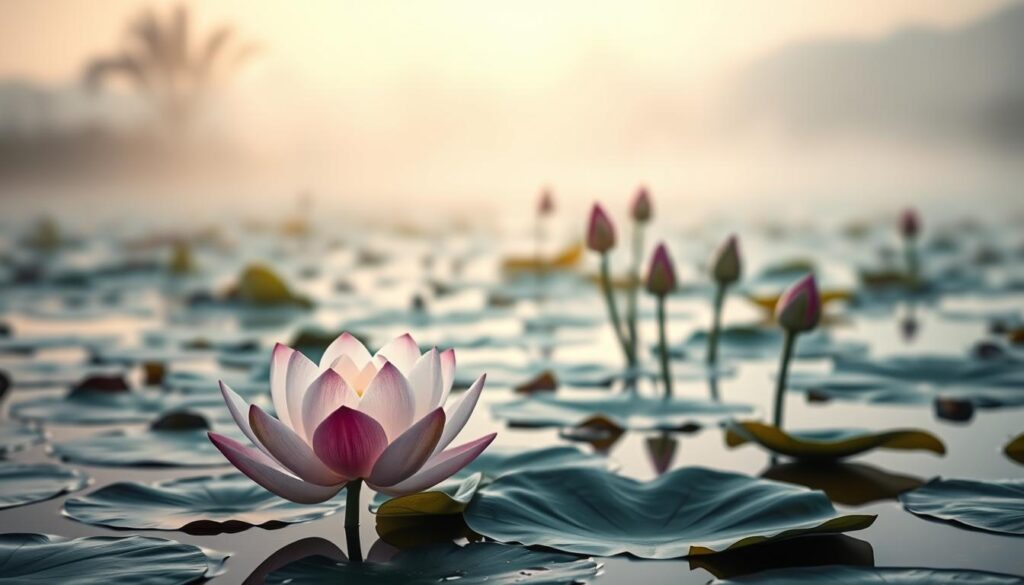 A serene lotus pond, the blooms opening their delicate petals amidst the reflective surface. Soft, diffused lighting illuminates the scene, casting a warm, therapeutic glow. In the foreground, a solitary lotus flower symbolizes the journey of self-discovery, its petals unfolding to reveal the inner workings of the mind. The middle ground features a cluster of lotus buds, each one at a different stage of growth, mirroring the various phases of the therapeutic process. In the background, a hazy, dreamlike landscape suggests the expansive possibilities of the subconscious. The overall atmosphere is one of tranquility, introspection, and the gradual blossoming of personal growth.