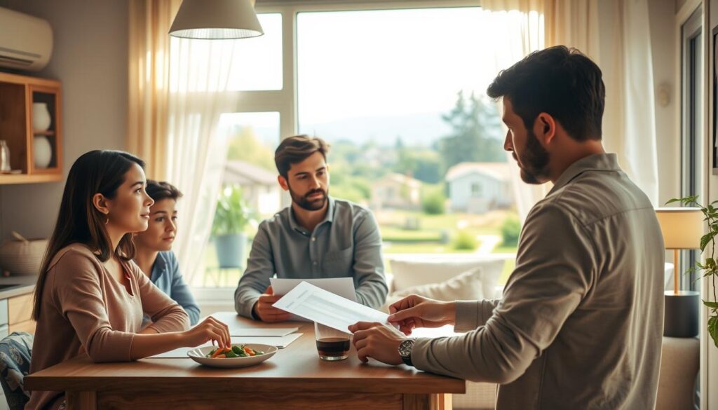 A serene, sun-dappled scene showcasing the importance of insurance in everyday life. In the foreground, a young family gathers around a kitchen table, engaged in a thoughtful discussion about policy options, their expressions contemplative yet reassured. The middle ground reveals a well-appointed living room, the décor reflecting a sense of comfort and security. In the background, a picturesque view of a suburban neighborhood, lush with greenery and the promise of a bright future, underscoring the role of insurance in safeguarding one's home and loved ones. Soft, warm lighting filters through the windows, creating a sense of tranquility and well-being. The overall composition conveys the peace of mind that comes with having the right insurance coverage.