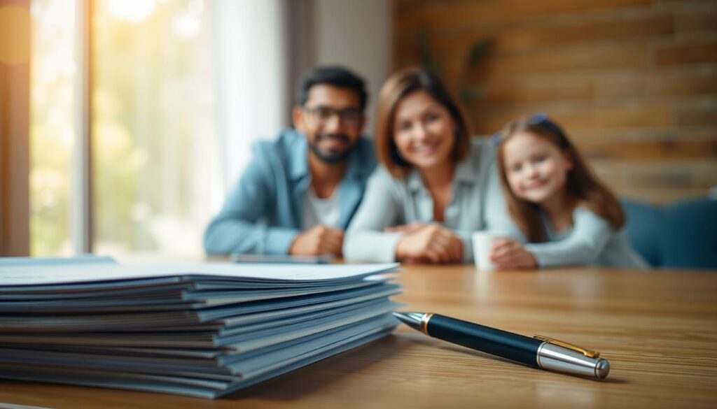 A serene, well-lit scene showcasing the essence of insurance coverage. In the foreground, a stack of documents and a pen, symbolizing the paperwork and attention to detail that goes into securing one's financial future. In the middle ground, a family gathered around a table, expressions calm and confident, conveying a sense of security and peace of mind. The background features a warm, natural setting with soft, diffused lighting, creating an atmosphere of tranquility and trust. The overall composition captures the idea of Tepeyac Insurance's tailored solutions, providing the financial stability and protection that enables a life of contentment.