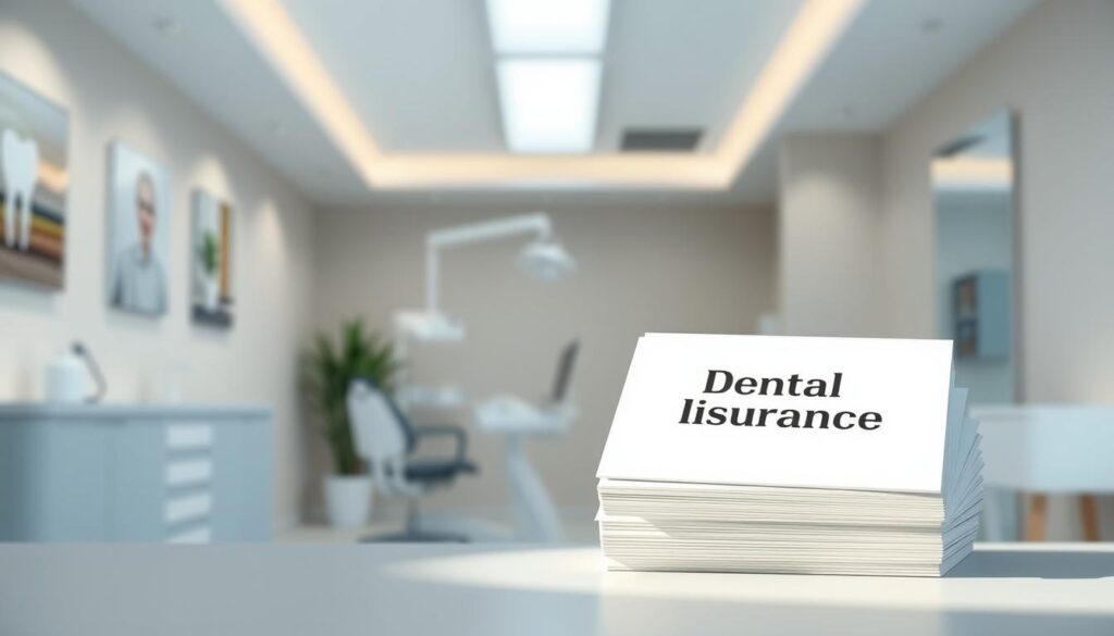 A simple, yet informative dental insurance plan illustrated in a clean, minimalist composition. In the foreground, a stack of dental insurance cards with a subtle gradient and vignette effect, casting a soft, diffused light. The middle ground features a sleek, modern dental clinic interior with muted pastel tones, conveying a sense of professionalism and care. The background subtly blurs, emphasizing the focus on the insurance plans. The overall mood is one of clarity, accessibility, and reassurance, reflecting the essence of a straightforward dental coverage solution.