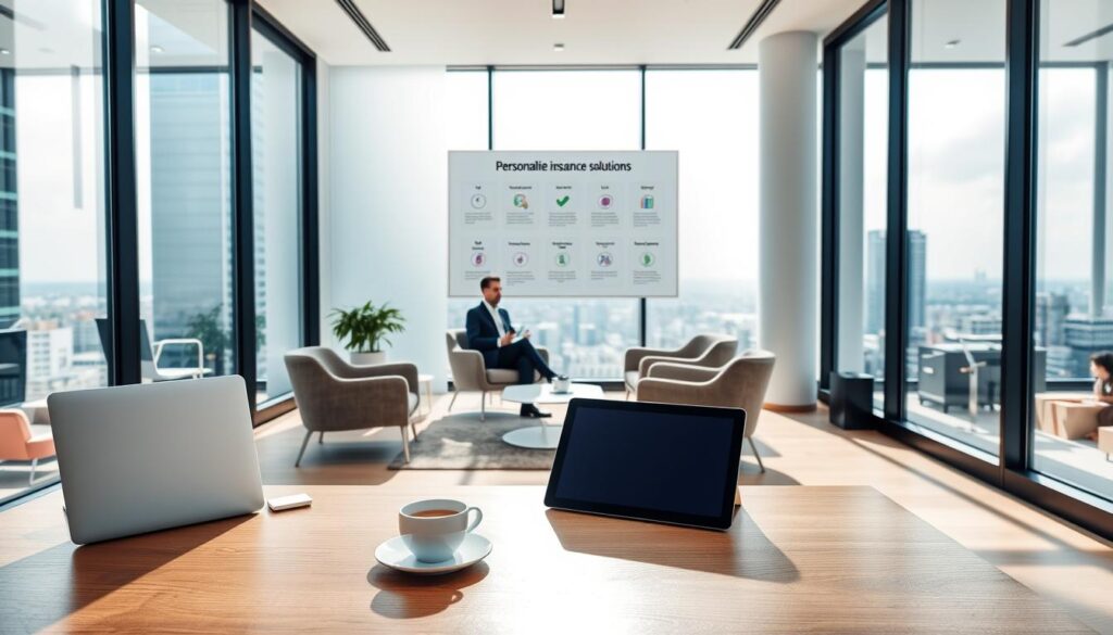 A sleek, modern office interior with floor-to-ceiling windows, allowing natural light to flood the space. In the foreground, a stylish wooden desk with a laptop, tablet, and a cup of coffee, symbolizing the personalized insurance solutions. On the wall behind the desk, a minimalist infographic showcases various insurance coverage options tailored to the client's needs. The middle ground features a comfortable seating area with plush chairs, where a professional insurance consultant discusses policy details with a client. The background depicts a cityscape, hinting at the diverse range of industries and individuals the customized solutions cater to. The overall atmosphere conveys a sense of trust, expertise, and a personalized approach to insurance.