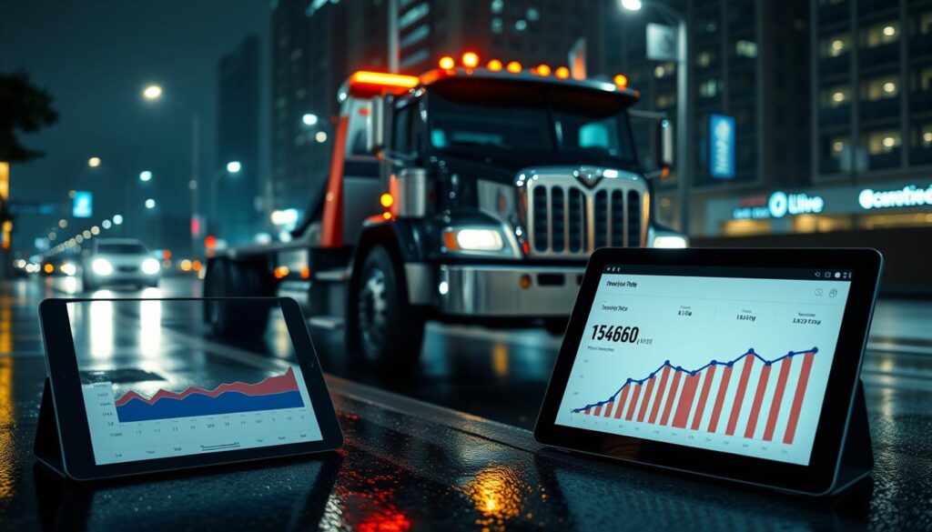 A sleek, silver tow truck parked on a dimly lit city street, its flashing amber lights illuminating the rain-soaked pavement. In the foreground, a tablet displays an interactive dashboard with monthly insurance rate data, the numbers fluctuating dynamically. The background features a blurred urban skyline, hinting at the financial complexities of the towing industry and the importance of comprehensive coverage. The scene is captured with a cinematic, low-angle perspective, conveying a sense of the gravity and responsibility involved in operating a tow truck business.