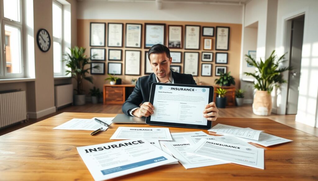 A spacious, modern office interior with natural lighting filtering through large windows. In the foreground, a wooden desk with various insurance documents and a tablet displaying different policy options. A professional-looking person in a suit is seated at the desk, intently reviewing the information. The middle ground features a wall of framed certificates and awards, conveying a sense of expertise and trustworthiness. In the background, a warm, earthy color palette sets a calming, reassuring atmosphere, complemented by potted plants and minimal, elegant decor. The overall scene suggests a thoughtful, well-informed decision-making process for choosing the right insurance coverage.