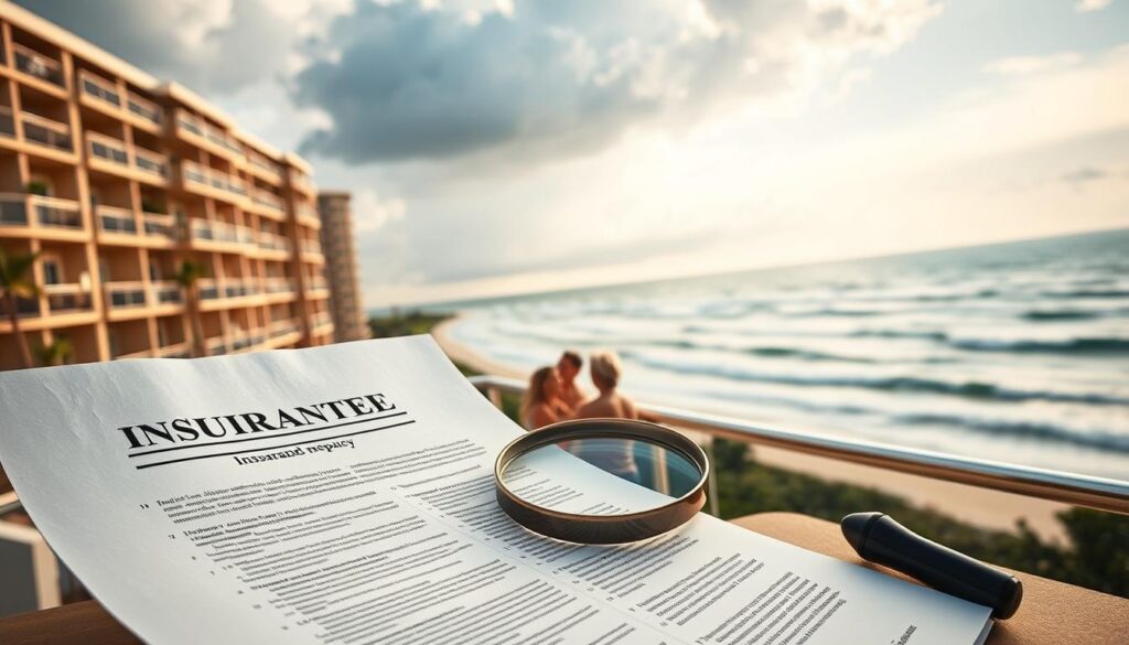 A sprawling beach condo, its exterior bathed in warm sunlight, stands in contrast to a looming storm cloud on the horizon. In the foreground, a comprehensive insurance policy, its pages fluttering in a gentle breeze, commands attention. A magnifying glass hovers nearby, inviting closer inspection of the policy's fine print. In the middle ground, a family relaxes on the balcony, their expressions a mixture of serenity and vigilance, aware of the potential threats that lurk beyond the tranquil scene. The background features a panoramic view of the coastline, where rolling waves crash against the shore, a reminder of the power of nature and the importance of being prepared.