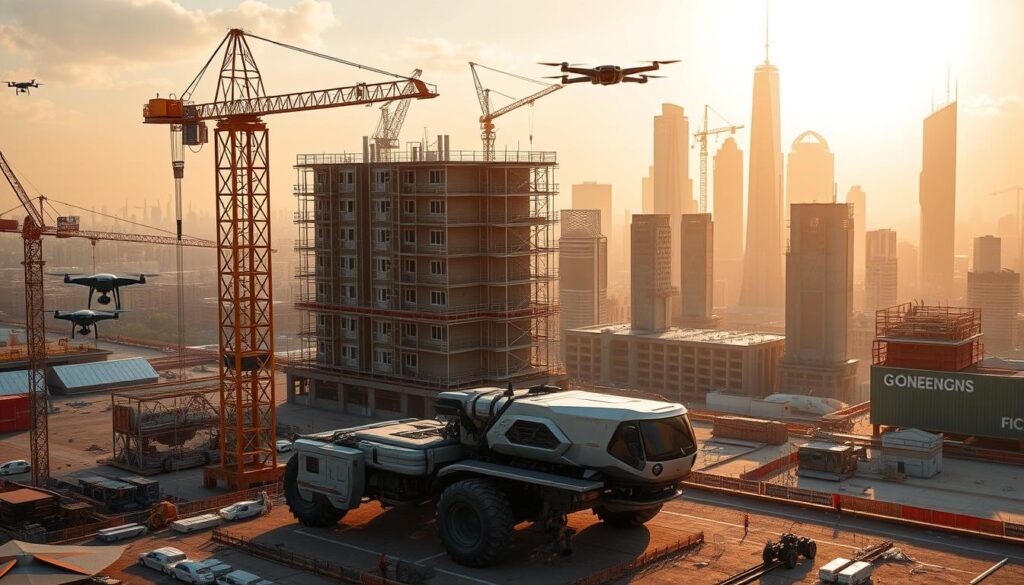 A sprawling construction site comes into view, showcasing the latest advancements in construction technology. In the foreground, a towering crane effortlessly lifts heavy materials, its robotic precision a marvel of engineering. Nearby, a team of autonomous drones buzz around, mapping the site and monitoring progress. In the middle ground, a massive automated construction vehicle rumbles along, its hydraulic arms deftly assembling structural elements with lightning speed. In the background, a futuristic skyline emerges, dotted with gleaming skyscrapers built using innovative materials and sustainable construction practices. Warm, golden sunlight bathes the entire scene, imbuing it with a sense of progress and innovation.