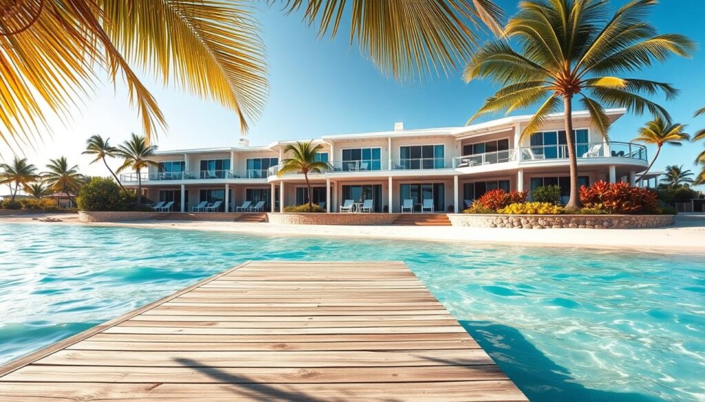A sprawling seaside condo with a wraparound porch, bathed in warm afternoon sunlight. In the foreground, a weathered wooden deck leads to crystal-clear turquoise waters lapping at the sandy shore. Swaying palm trees and vibrant tropical flora frame the scene, evoking a tranquil, island-like ambiance. The condo itself is a harmonious blend of modern and rustic elements, its pristine white facade accented by natural wood trimmings. Through the expansive windows, a glimpse of the well-appointed interior can be seen, hinting at the luxurious comforts within. This idyllic beachfront oasis exudes a sense of carefree seasonal living, underscoring the importance of comprehensive insurance coverage to protect one's coastal haven.