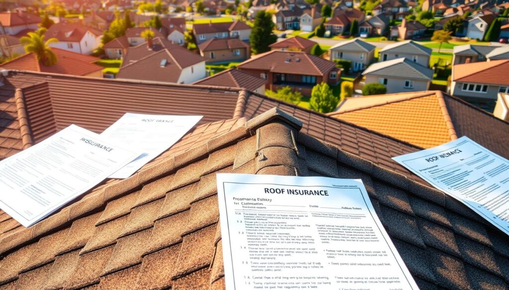 A sun-dappled rooftop scene with various roof insurance options displayed prominently. In the foreground, a grid of detailed insurance policy documents, each with distinct coverage types and pricing. The middle ground features a well-maintained residential roof, its shingles capturing the warm, golden light. In the background, a panoramic view of a suburban neighborhood, with houses of different architectural styles and roof materials. The overall mood is one of informative clarity, highlighting the diversity of roof insurance options available to homeowners.