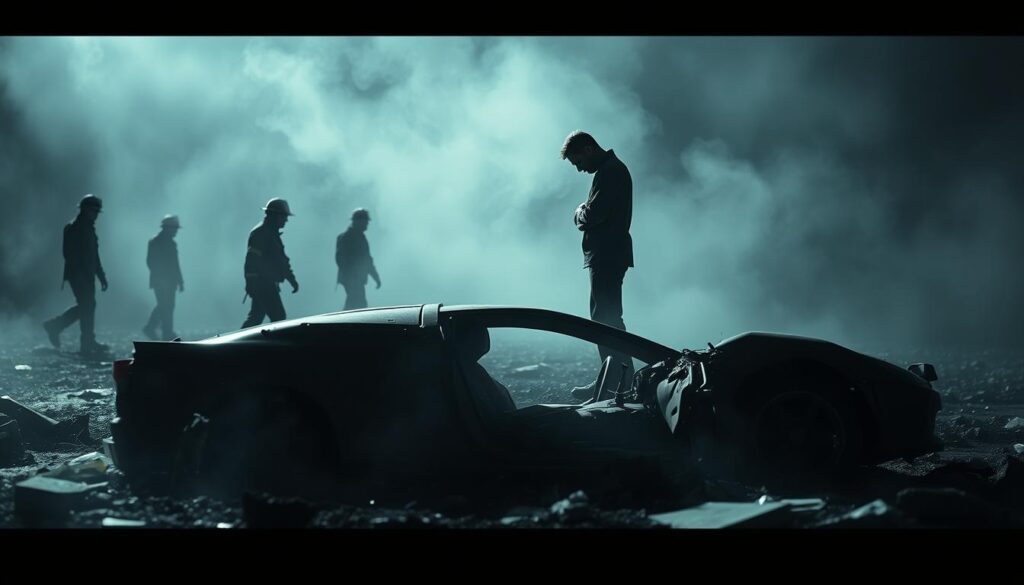 A surreal and cautionary illustration of the consequences of driving under the influence. In the foreground, a wrecked car lies on its side, surrounded by shattered glass and debris. Hazy silhouettes of emergency responders move through the scene. In the middle ground, a somber figure stands, head bowed, as if reflecting on their actions. The background is shrouded in a moody, atmospheric lighting, casting a sense of dread and gravity. The image conveys the heavy emotional and legal toll of reckless behavior, a stark warning of the devastating impact of DUI.