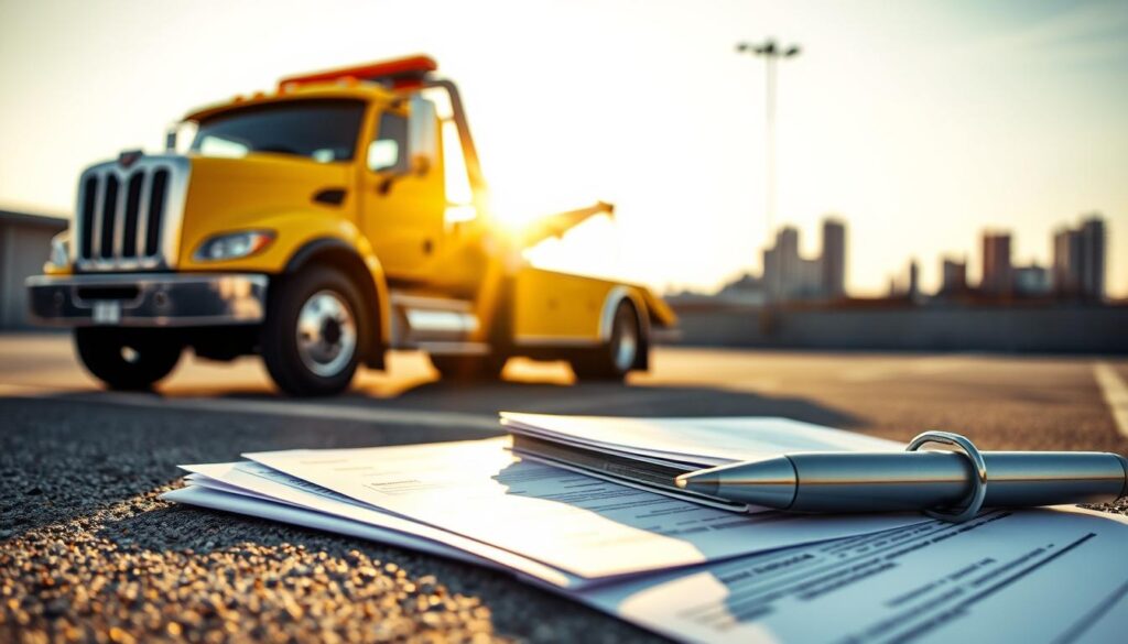 A tow truck in a well-lit parking lot, its bright yellow chassis reflecting the sun's rays. The truck is positioned at a slight angle, ready to spring into action. In the foreground, various insurance documents and forms are neatly arranged, showcasing the importance of proper coverage and regulatory compliance. The background features a blurred cityscape, hinting at the broader commercial landscape in which the tow truck operates. The overall scene conveys a sense of professionalism, attention to detail, and the need for ethical practices in the tow truck insurance industry.