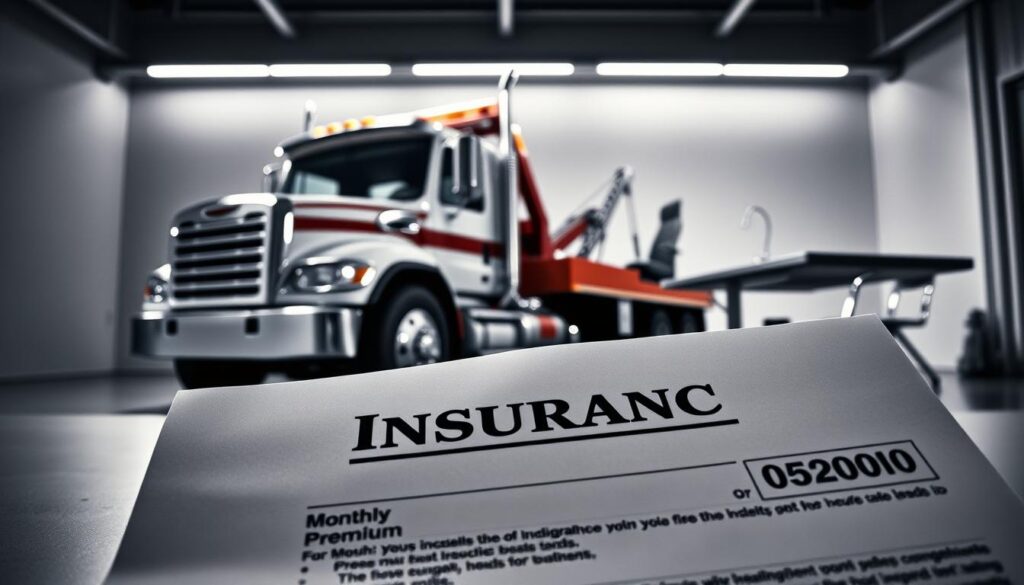 A tow truck under harsh fluorescent lighting, its chrome and steel details gleaming. In the foreground, an insurance policy document lies open, displaying the monthly premium amount in bold. The background is a stark, monochromatic office setting, with a metal desk and chair casting long shadows, conveying a sense of bureaucratic detachment. The overall mood is one of cold, impersonal business, hinting at the complexities and potential conflicts that can arise between insurance companies and accident victims seeking redress.