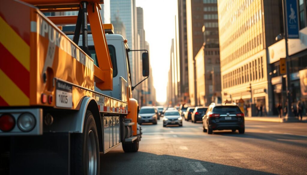 A tow truck with its hydraulic lift extended, firmly gripping the rear axle of a car, stands prominently in the foreground. The truck's orange and white paint gleams under the warm, golden afternoon sunlight, conveying a sense of professionalism and efficiency. In the middle ground, a busy city street with passing vehicles and pedestrians creates a vibrant urban backdrop. The scene is captured through a wide-angle lens, providing a sense of depth and scale. The overall mood is one of order and controlled chaos, reflecting the necessary and often overlooked role of tow truck services in the daily operations of a thriving metropolis.
