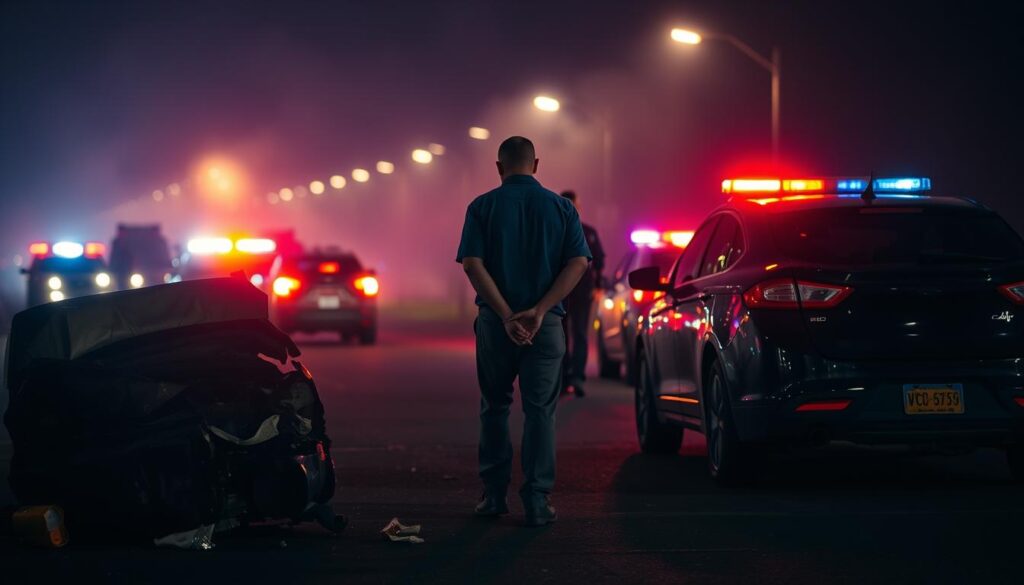 A traffic accident scene at night, with a crushed car and emergency vehicles in the foreground. In the middle ground, a person being arrested by police officers, handcuffed and distraught. The background is hazy, with streetlights casting an ominous glow, symbolizing the legal and financial consequences of a DUI. The scene is lit by a combination of harsh overhead lighting and the flashing lights of the police cars, creating dramatic shadows and highlights. The overall mood is somber and foreboding, conveying the gravity of the situation and the long-lasting impact of a DUI on one's insurance and future.