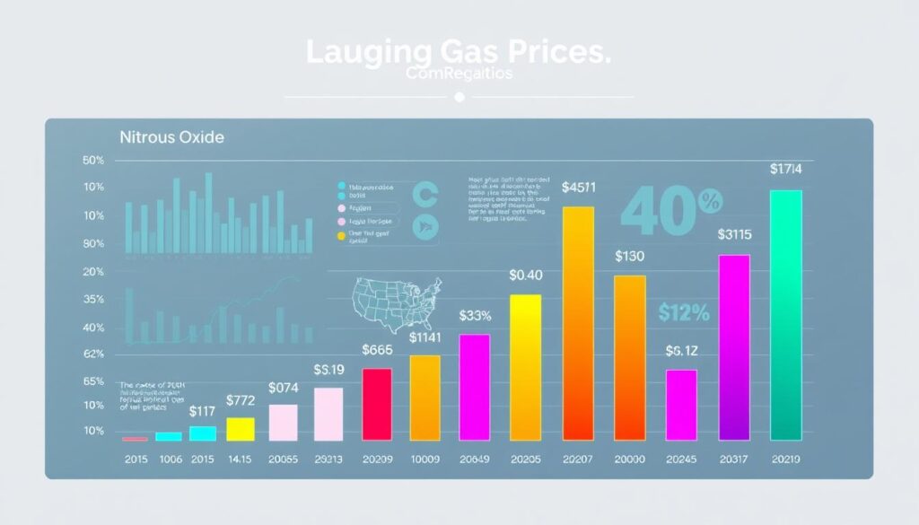 A vibrant and dynamic comparison of laughing gas prices across various regions, depicted in a sleek, modern infographic-style layout. The foreground features a central column chart with distinct bars representing the cost of nitrous oxide in different locales, each bar illuminated with a soft, diffused lighting that enhances the sense of depth and dimension. The middle ground showcases subtly textured graphs and data visualizations, seamlessly integrated to provide a comprehensive overview of the pricing landscape. The background employs a clean, minimalist design, with muted tones and geometric shapes that elegantly frame the core information, creating a polished and professional visual experience.