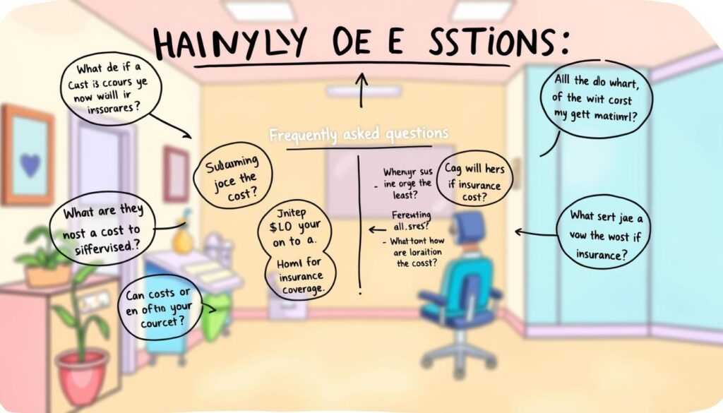 A vibrant, hand-drawn illustration depicting a set of frequently asked questions about the costs and insurance coverage related to laughing gas (nitrous oxide) dental procedures. The foreground features a whimsical, cartoon-style diagram showcasing various costs and insurance scenarios, surrounded by thought bubbles posing common questions. The middle ground showcases a dental office setting with a dentist and patient, while the background depicts a soothing, pastel-colored environment with soft lighting to convey a calming, informative mood. The overall aesthetic should be engaging, approachable, and visually interesting to complement the article's informative tone.