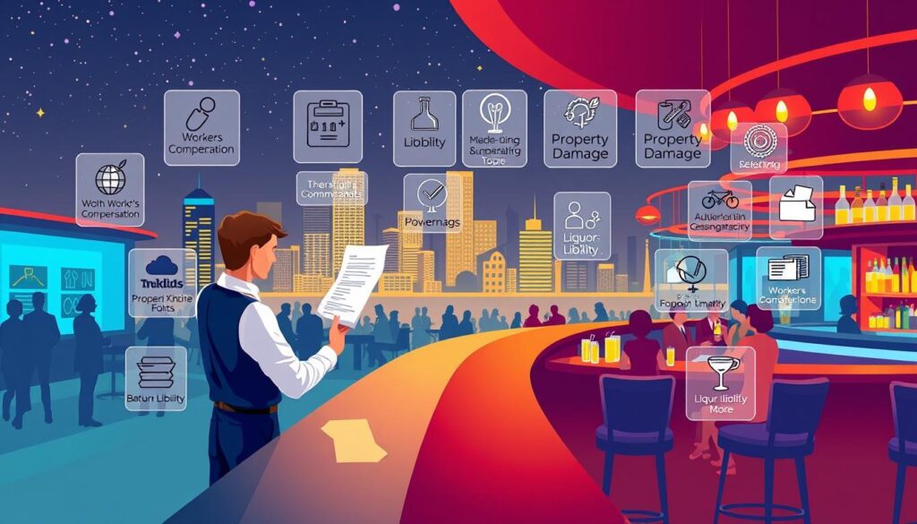 A vibrant, high-resolution illustration showcasing various types of bar insurance coverage. In the foreground, a bartender stands behind a sleek, polished bar, meticulously reviewing policy documents. Surrounding them, a collage of visual elements representing different coverages: workers' compensation, liability, property damage, liquor liability, and more, each with distinct icons and infographic-style representations. The middle ground features a bustling bar scene, with patrons enjoying drinks and socializing, while the background depicts a cityscape with skyscrapers and a starry night sky, conveying a sense of urban sophistication. The lighting is warm and inviting, creating a welcoming atmosphere. Rendered in a modern, minimalist style with a focus on clean lines, vibrant colors, and attention to detail to effectively communicate the breadth of bar insurance options.