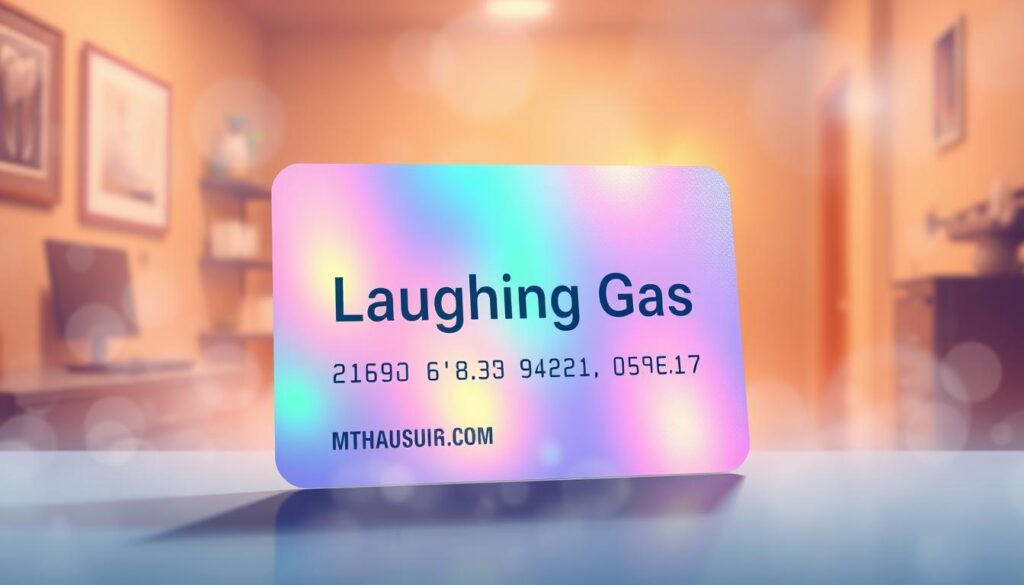 A vibrant illustration of a medical insurance card with "Laughing Gas" prominently displayed, surrounded by a hazy, dreamlike atmosphere. The card appears to be made of a shimmering, holographic material, casting a soft, ethereal glow. In the background, a faint silhouette of a dental office or clinic can be seen, with the scene bathed in a warm, comforting lighting. The overall composition conveys a sense of whimsical, yet reliable, coverage for the use of laughing gas during dental procedures.