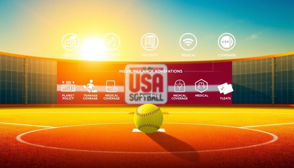 A vibrant illustration showcasing the diverse range of USA Softball insurance coverages. In the foreground, a softball field takes center stage, bathed in warm, golden sunlight. Middle ground features icons and symbols representing different policy types, such as liability, property, and medical coverage, arranged in a clear, organized manner. The background blends a subtle grid pattern with the iconic red, white, and blue hues of the USA Softball brand, creating a professional, authoritative atmosphere. The entire scene is captured with a crisp, high-resolution lens, conveying the comprehensive, reliable protection USA Softball insurance provides for teams and players.
