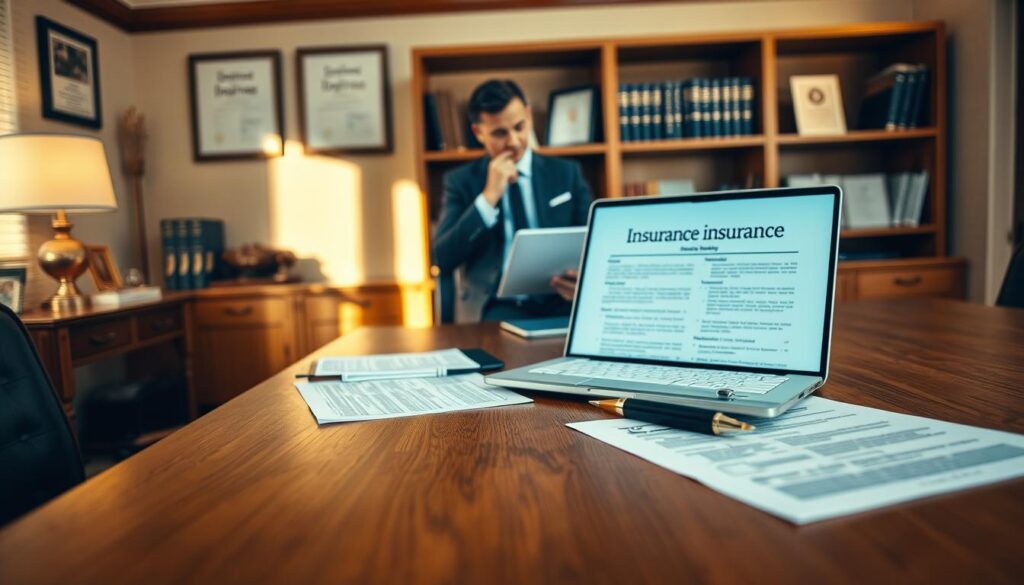 A warm, inviting office setting with a large wooden desk in the foreground. On the desk, various insurance-related documents, a pen, and a laptop displaying an insurance policy. In the middle ground, a person in a suit, thoughtfully reviewing the documents, conveying a sense of personalized attention. The background features a bookshelf with insurance-related books and diplomas, suggesting expertise and customized solutions. Soft, natural lighting illuminates the scene, creating a professional yet approachable atmosphere. The overall composition emphasizes the importance of personalized insurance, guiding the viewer towards a deeper understanding of tailored coverage.