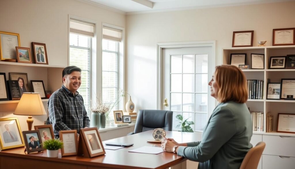 A warm, welcoming office setting with a personalized insurance agent standing at a desk, meeting with a client. The agent's attentive posture and warm smile convey a sense of care and professionalism. The desk is adorned with family photos and awards, reflecting the agent's dedication and community involvement. Soft, natural lighting filters through large windows, creating a cozy ambiance. In the background, shelves display reference materials and certificates, instilling a sense of expertise and reliability. The scene exudes a atmosphere of trust, personal attention, and tailored solutions, embodying the core values of Howell and Howell Insurance Agency.