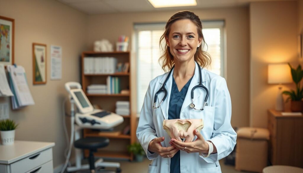 A warm, well-lit medical office. In the foreground, a pelvic floor therapist stands with a caring expression, wearing a white coat and scrubs. They hold a pelvic model, gesturing to illustrate their expertise. The middle ground features medical equipment and reference materials, conveying the therapist's professionalism and the scientific nature of their work. The background showcases a tranquil, inviting atmosphere with soothing colors and calming decor, putting patients at ease. The overall scene projects an image of a knowledgeable, compassionate healthcare provider who dispels common myths about their important role in women's health.