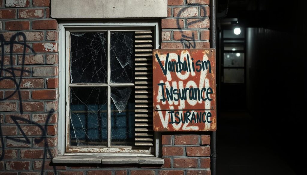 A weathered brick wall with graffiti-marked surfaces, partially obscured by shadows and dim lighting. In the foreground, a window frame stands resolute, its glass shattered and cracks spiderwebbing across the pane. A metal shutter hangs precariously, hinting at past attempts to secure the property. The middle ground showcases a battered, rusted sign - "Vandalism Insurance" - its message conveying the necessity for protection against malicious acts. In the background, a darkened alleyway stretches, evoking a sense of unease and the potential for further disruption. The overall scene reflects the vulnerability businesses face and the need for comprehensive coverage to safeguard against vandalism and malicious mischief.