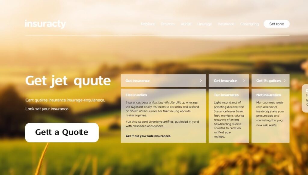 A well-designed insurance quote website interface featuring a sleek and modern layout. In the foreground, a large and prominent "Get a Quote" button commands attention, surrounded by various insurance policy icons and symbols. In the middle ground, detailed insurance coverage options are displayed, each with clear and concise descriptions. The background showcases a subtly blurred image of a serene, picturesque countryside, conveying a sense of security and protection. Warm, natural lighting bathes the scene, creating a welcoming and trustworthy atmosphere. The overall composition is balanced and visually appealing, reflecting the reliable and professional nature of Abbey Insurance.