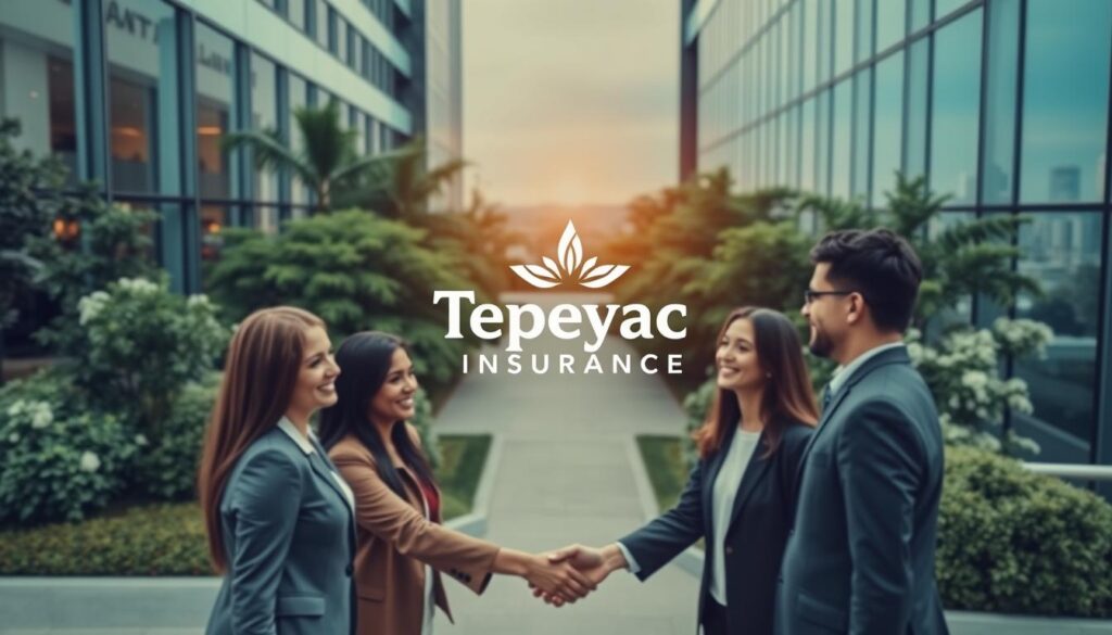 A well-designed modern office building with clean lines and glass facades, surrounded by lush greenery. In the foreground, a group of diverse professionals dressed in business attire, shaking hands and smiling, conveying a sense of trust and professionalism. Warm, diffused lighting illuminates the scene, creating a welcoming atmosphere. The middle ground features a stylized Tepeyac Insurance logo, prominently displayed, and supported by subtle branding elements. The background showcases a cityscape, hinting at the company's widespread reach and reliable presence. The overall composition exudes a feeling of stability, expertise, and a commitment to customer-centric solutions.