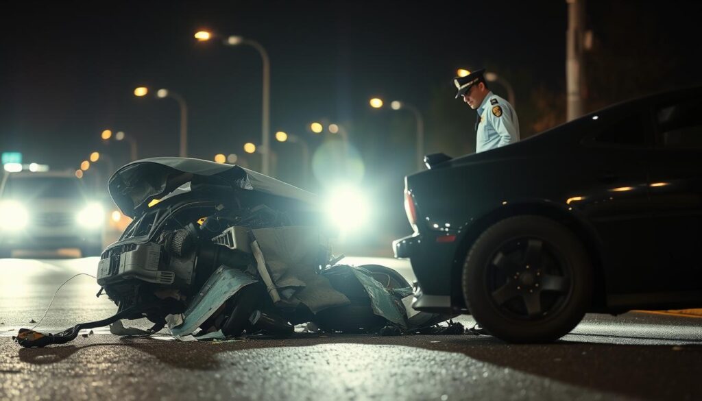 A well-lit, cinematic scene depicting a car accident involving a DUI driver. In the foreground, the damaged vehicle, crunched metal and shattered glass, convey the severity of the crash. In the middle ground, a police officer examining the scene, their uniform crisp and authoritative. In the background, the night sky with twinkling streetlights, creating a sense of somber atmosphere. The overall mood is one of cautionary tale, highlighting the consequences of irresponsible driving and the importance of responsible car insurance coverage.