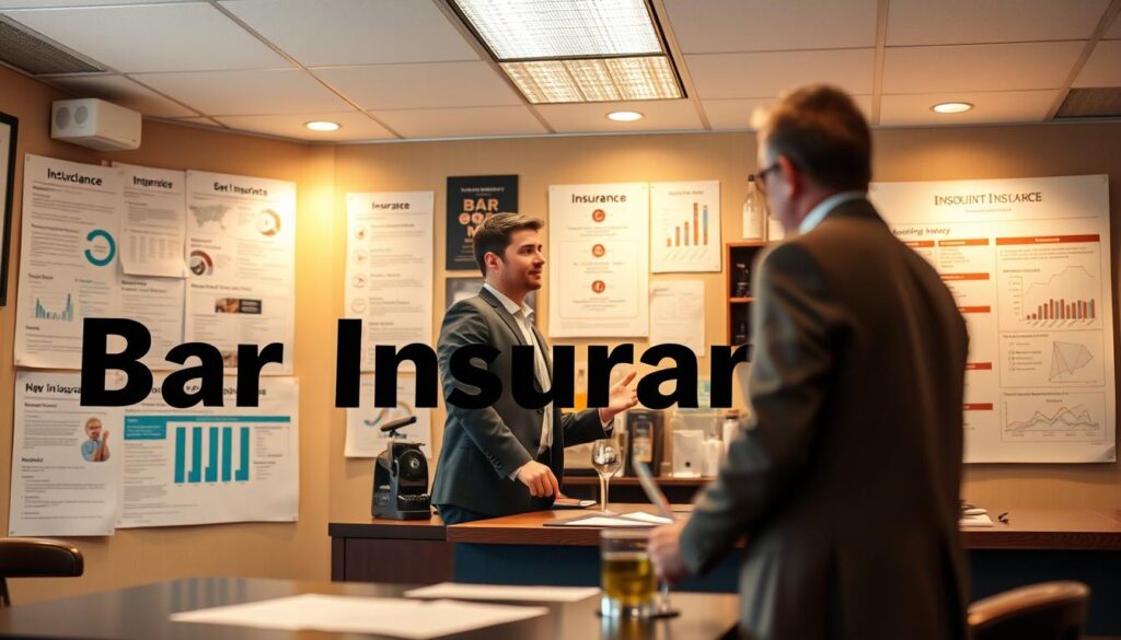 A well-lit commercial office interior, with a prominently displayed "Bar Insurance" sign in bold text. The middle ground features an insurance agent standing behind a desk, engaged in a discussion with a bar owner. The background showcases various insurance policy documents, graphs, and informational charts related to bar and restaurant coverage. The lighting is warm and inviting, creating a professional and trustworthy atmosphere. The overall composition emphasizes the importance of understanding bar insurance basics to protect businesses in the hospitality industry.