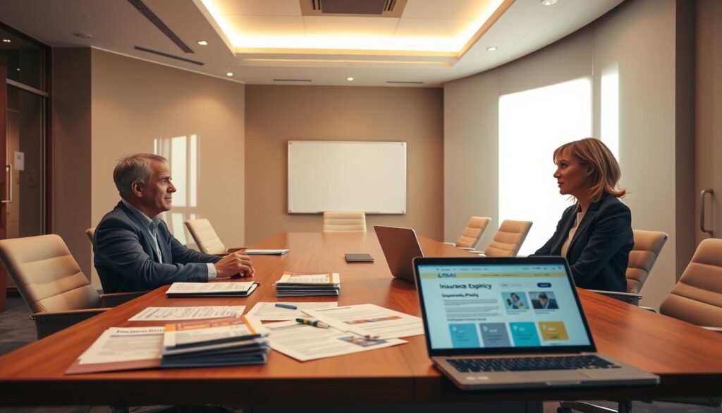 A well-lit conference room with a large table, modern chairs, and a whiteboard in the background. On the table, several insurance policy documents, brochures, and a laptop displaying an insurance comparison website. Two business people, one male and one female, sit across from each other, engaged in a discussion, their expressions serious but thoughtful. The lighting is warm and inviting, creating a professional yet collaborative atmosphere. The camera angle is slightly elevated, providing a clear view of the scene and the documents on the table.