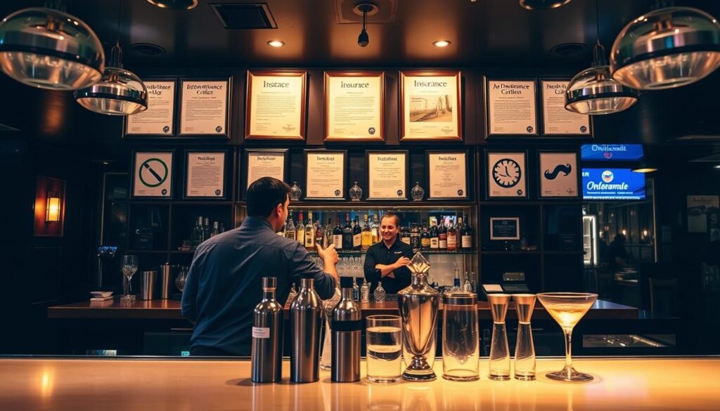A well-lit, contemporary bar interior with various insurance-related icons and symbols prominently displayed. In the foreground, a bartender stands behind the counter, attentively assisting a customer. On the back wall, a collection of framed policies and certificates showcasing the establishment's comprehensive bar insurance coverage. The middle ground features a variety of liquor bottles, cocktail shakers, and glassware, suggesting the various risks and liabilities associated with operating a bar. The background depicts a dimly lit, sophisticated ambiance with warm lighting and subtle hints of the bar's brand identity. The overall scene conveys a sense of safety, security, and professionalism within the bar's operations.