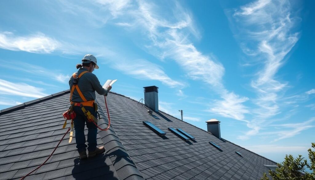 A well-lit, high-angle view of a roof inspection in progress. In the foreground, a construction worker in a safety harness examines the asphalt shingles, inspecting for cracks, missing granules, and signs of wear. The middle ground features the residential rooftop, with its various slopes, ridges, and ventilation systems. In the background, a clear blue sky with wispy clouds creates a sense of crisp, sunny weather. The scene conveys a professional, diligent approach to maintaining the integrity of the home's protective barrier, with a focus on attention to detail and safety protocols.